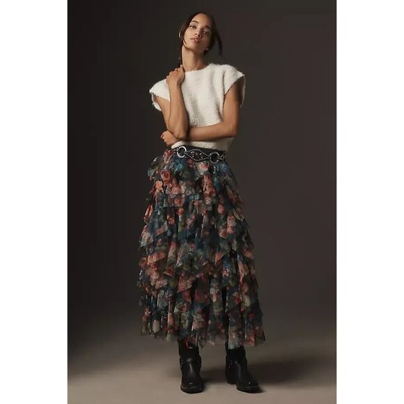 NWT by Anthropologie Cheri in Black Floral Ruffled Tulle Midi Skirt L - Picture 5 of 5